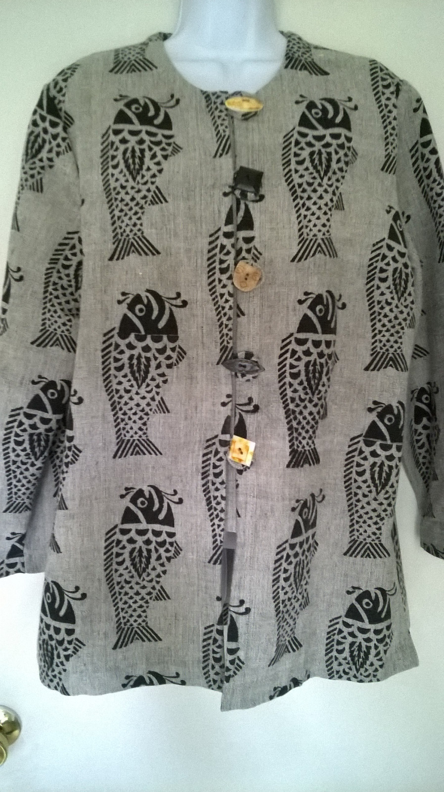 Nepal Cheppu Jacket Size Med Fish Print Made In Nepal Wood Resin buttons 1980s