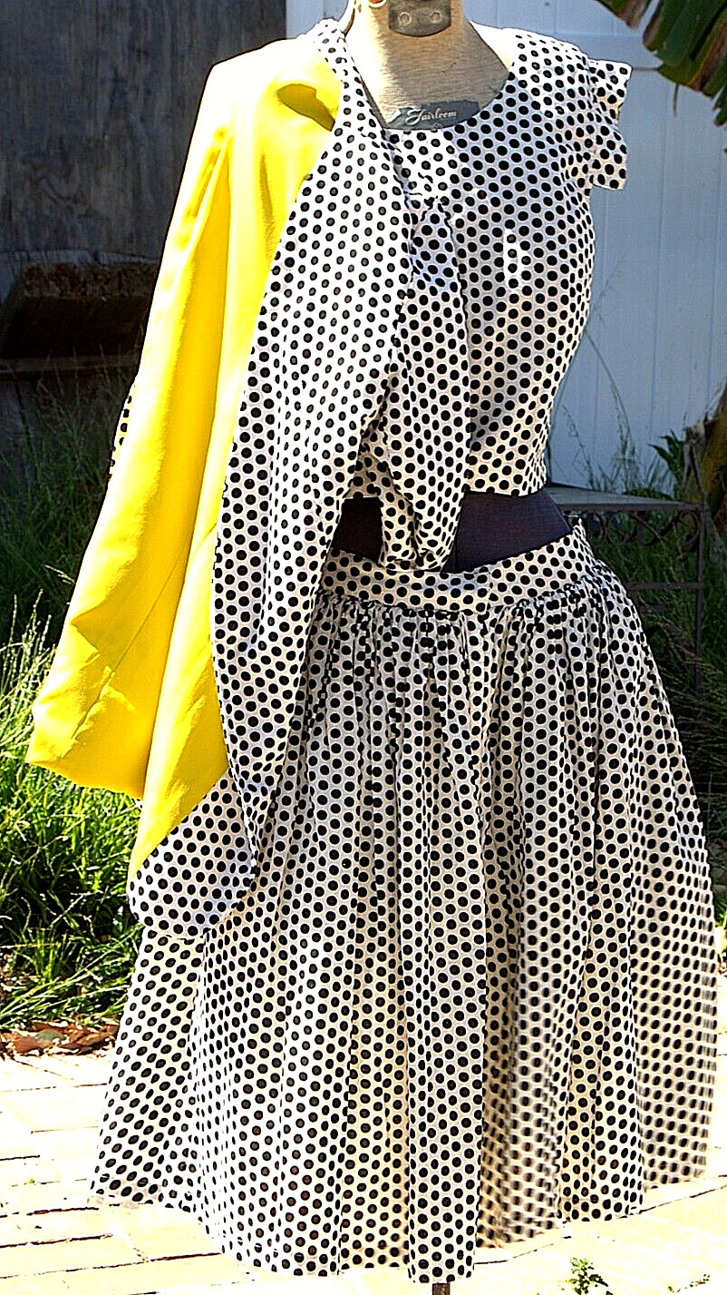 Vintage MSK 3 Piece Skirt Dress Suit White Black Polka Dot Pockets Yellow 28&Prime;