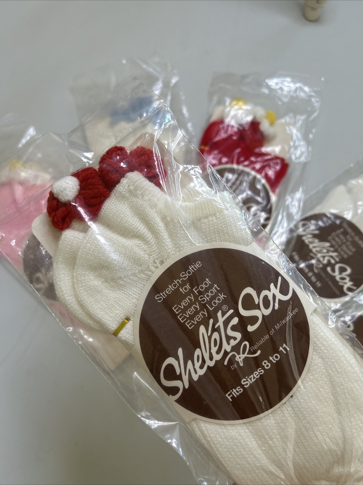 VTG Bootie Socks NOS White Red 8-11 Flowers Tassel Shelets Low Cut Ankle 1970s