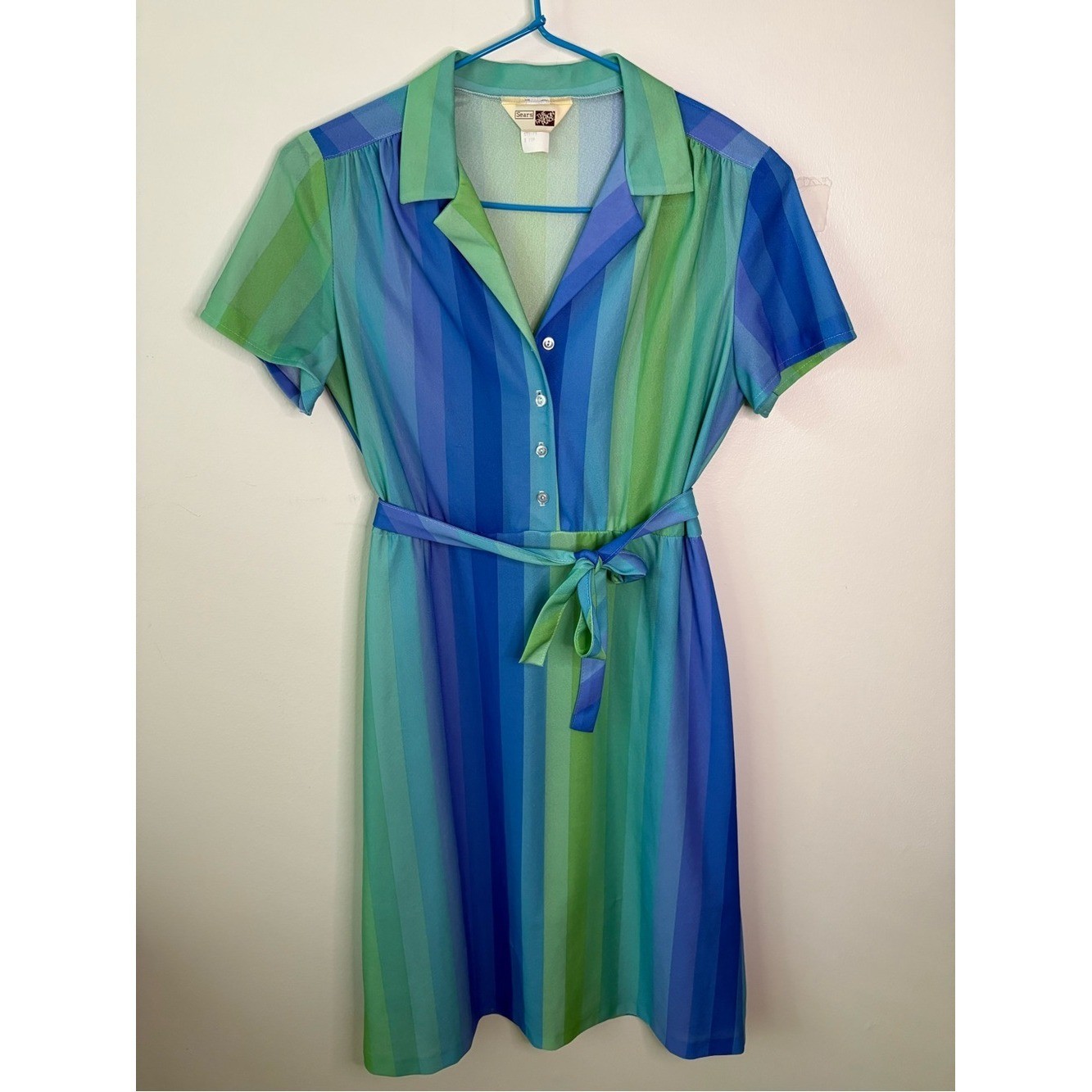 Vintage Retro MCM Blue Green Stripe Belted Shirt Dress