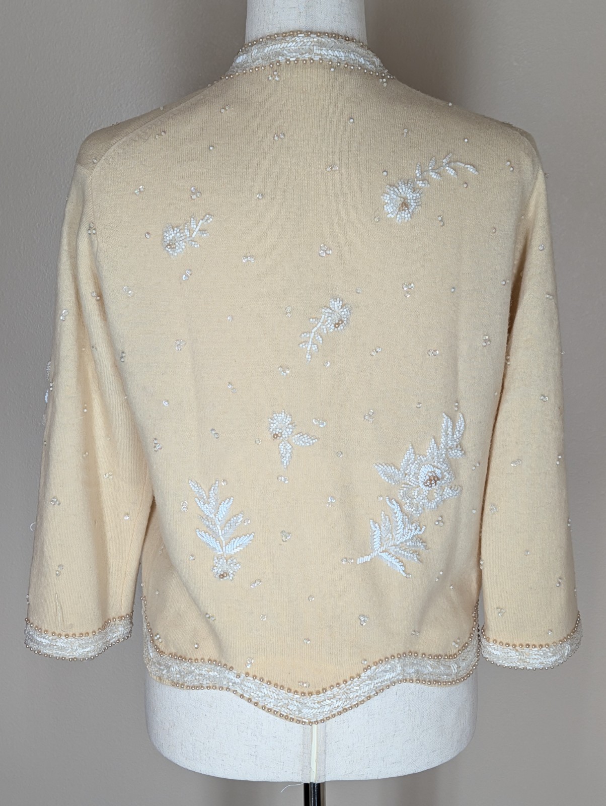 Vintage 1950s Hand Beaded Cardigan Cream With White Floral Beading Size Small