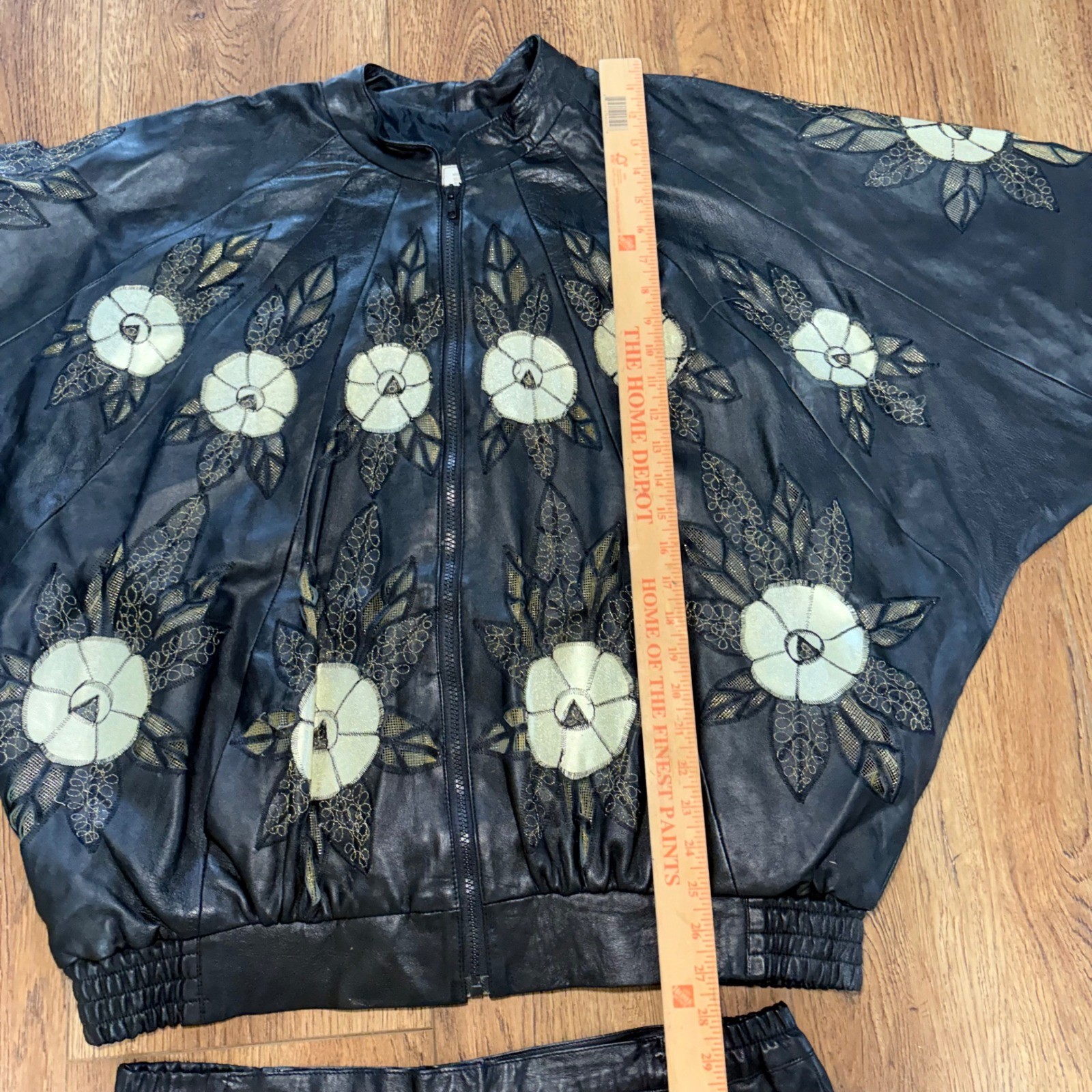 Vintage 80s Black Leather Floral Appliqué Matching Set Batwing Jacket & Skirt XL