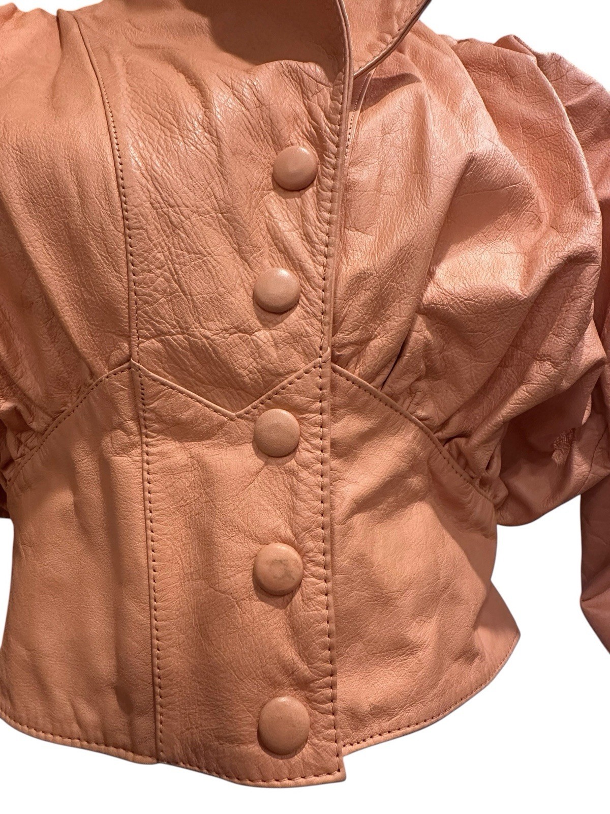 Vintage 1980s Chia Peach Ruched Crop Creamy Matte Leather Jacket Sz S