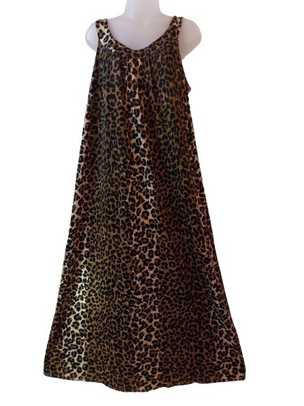 Vintage 60s Leopard Nylon High Collar Sleeveless Muumuu Nightgown Tiki Oasis L