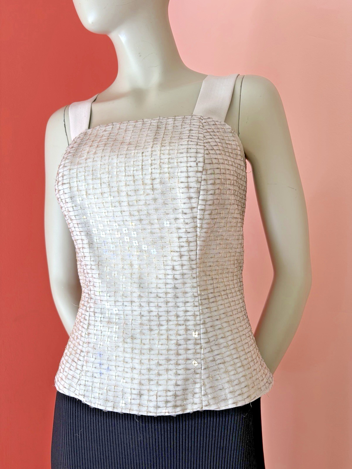 VTG 90s Y2K Sequin Silk Square Neck Wide Strap neutral gray Formal Corset top M