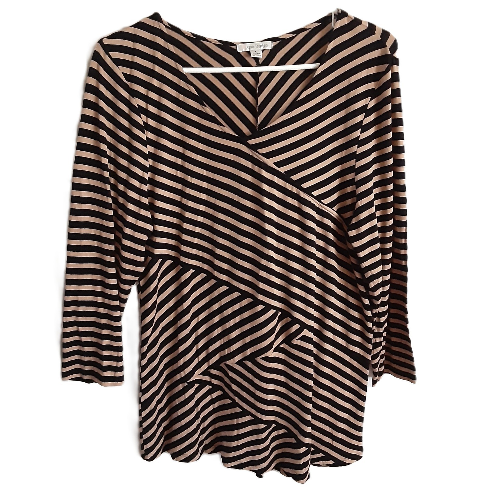 VTG 80&rsquo;s Erin London Blouse Size LARGE Striped V-Neck 3/4 Sleeve Viscose