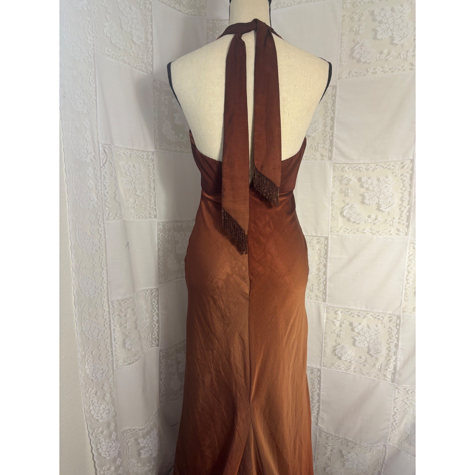 VTG Brown Copper Ombre Plunge Neck Halter Beaded Floor Length Gown Size XS