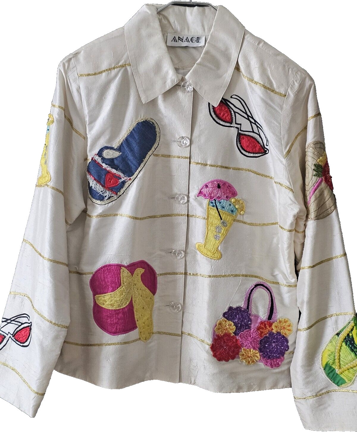 Anage Vintage Women&rsquo;s Silk Cream Colorful Fun Summer Theme Top/Jacket Size Small