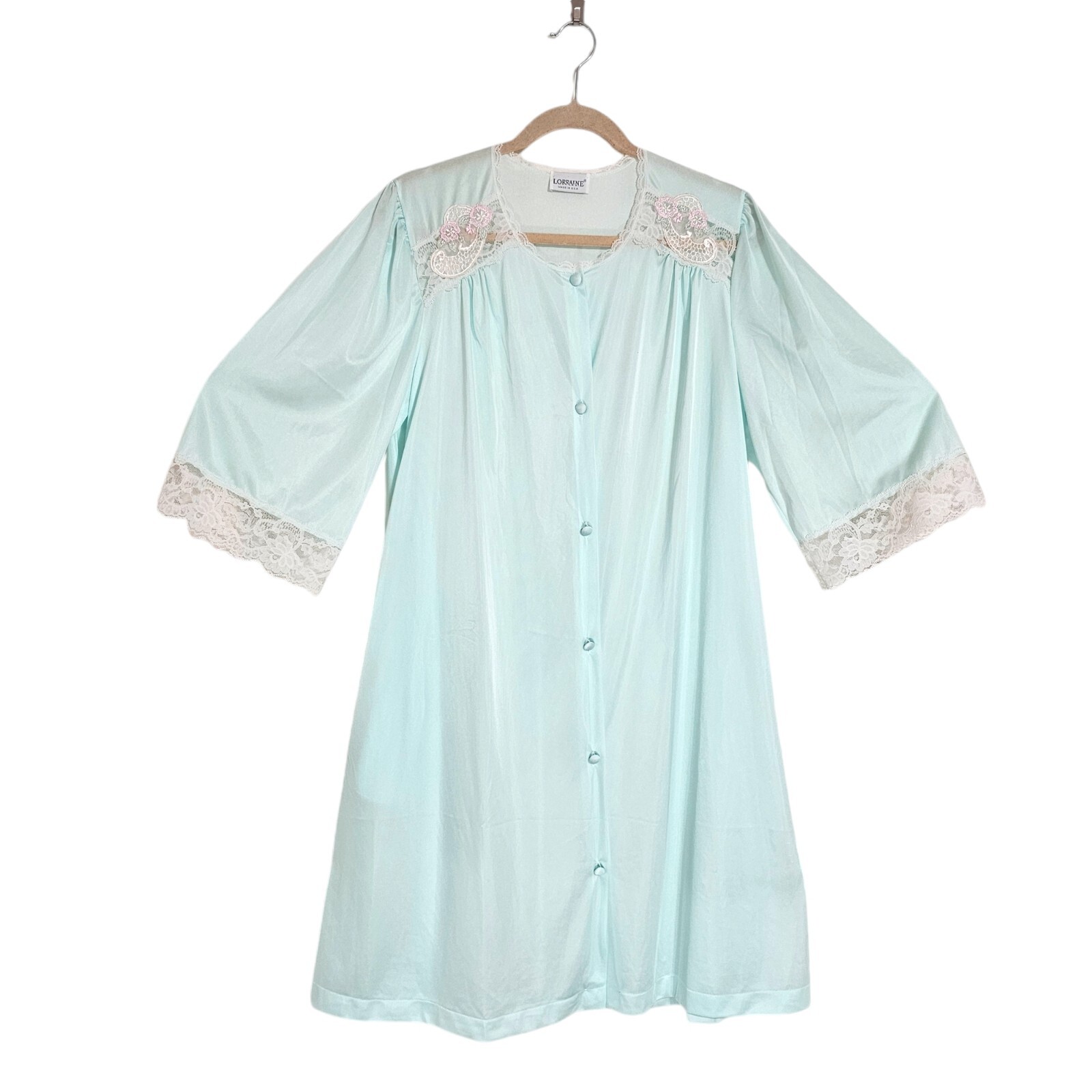 Vintage Lorraine Size Med Short Robe 3/4 Sleeve Blue Nylon Button Up Made In USA