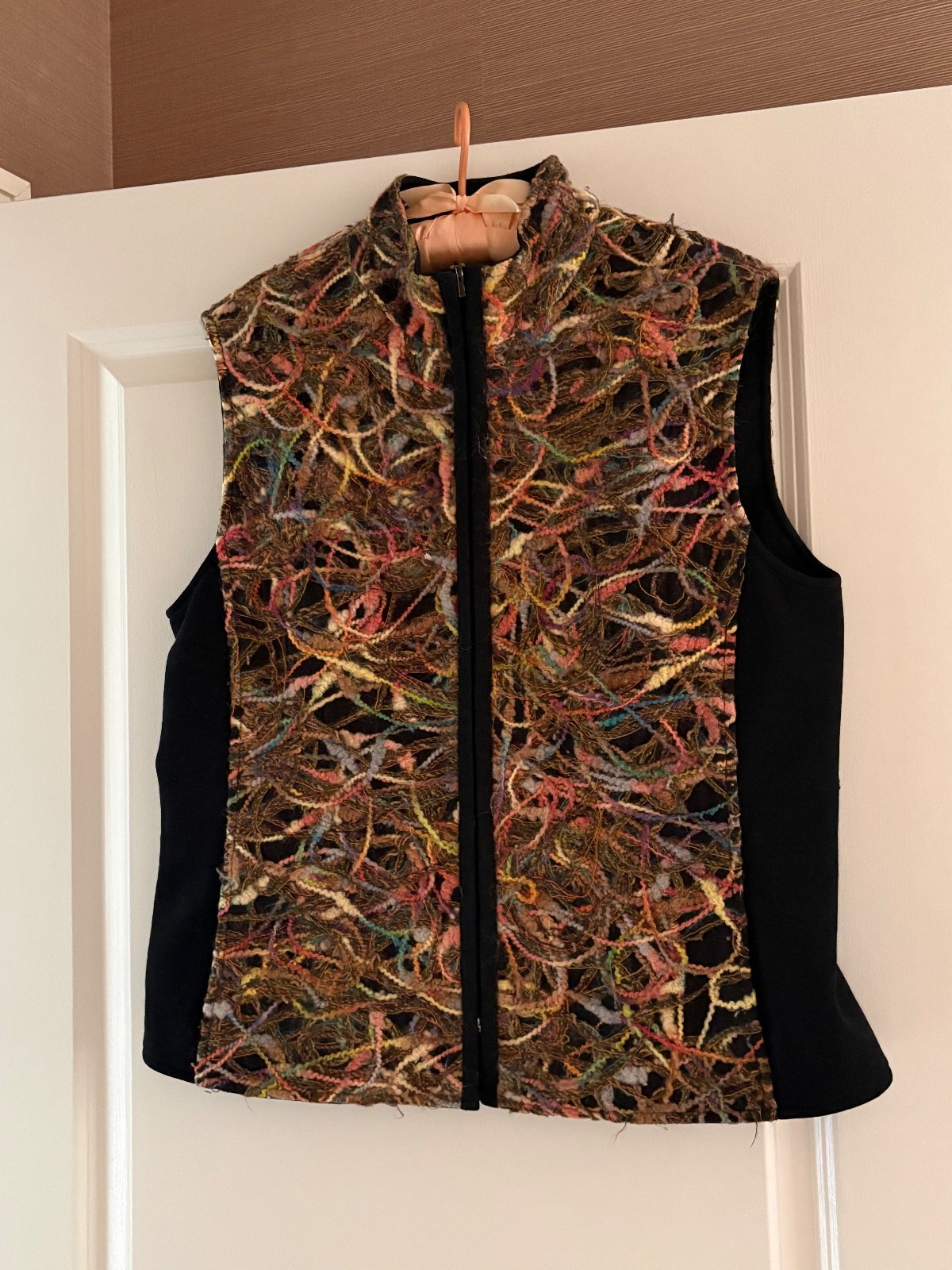 Vintage Reverseable Vest, Black / multi colored designed felt, zipper, 2 pockets