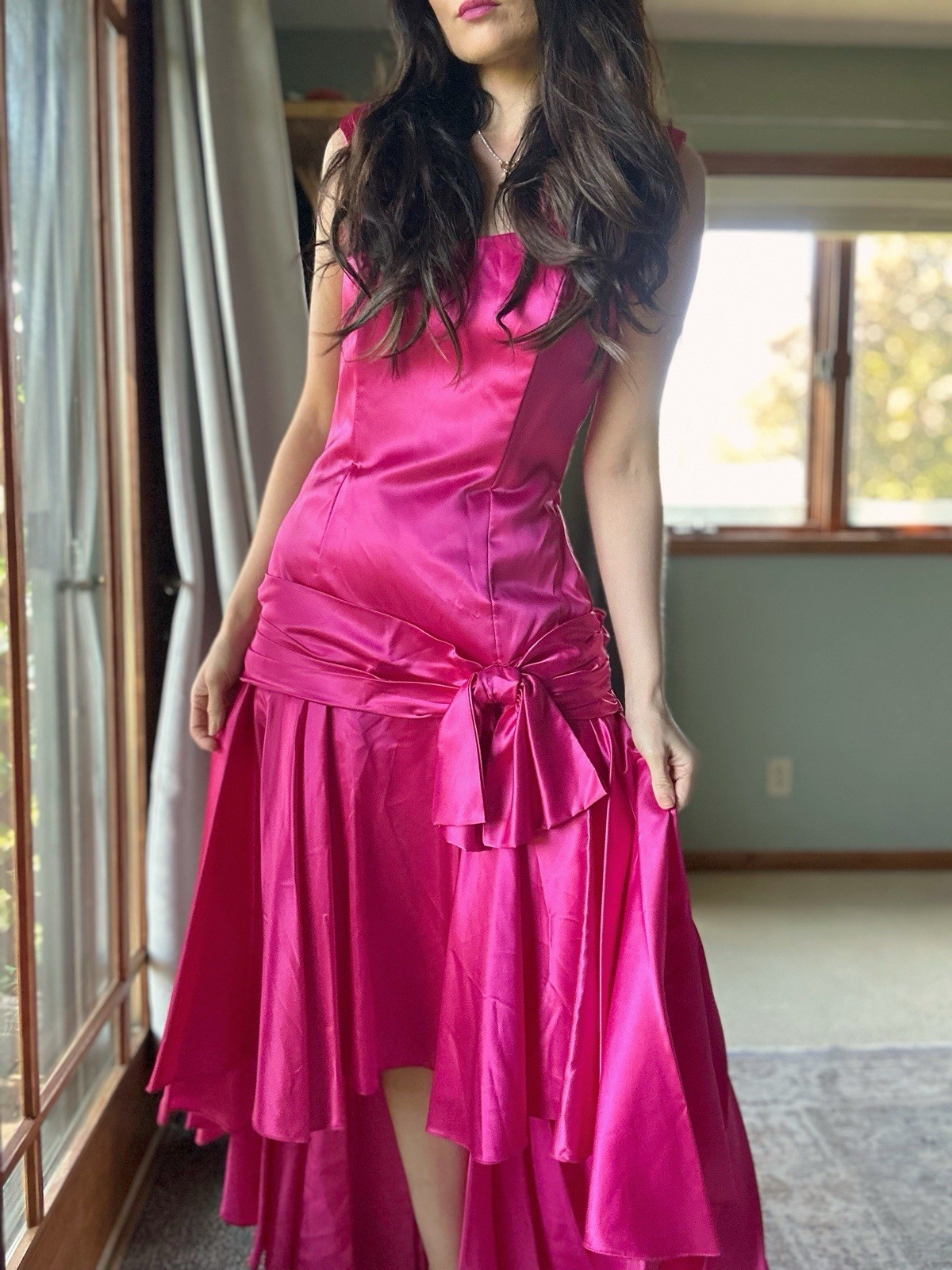 Square Neck Hot Pink Satin High Low Evening Dresses Waist Bow Party Prom Gowns