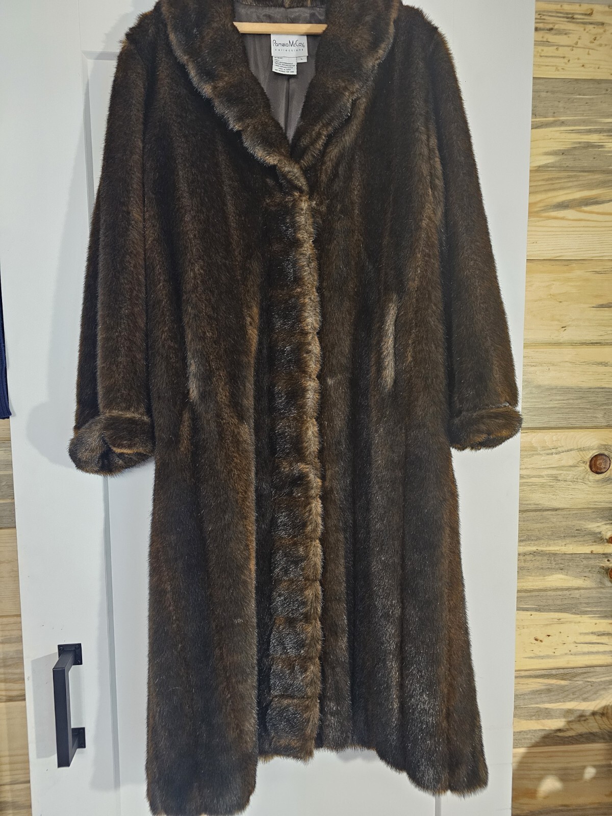 Vintage Pamela McCoy Brown Faux Fur Full Length Mob Wife Coat Jacket Duster sz L