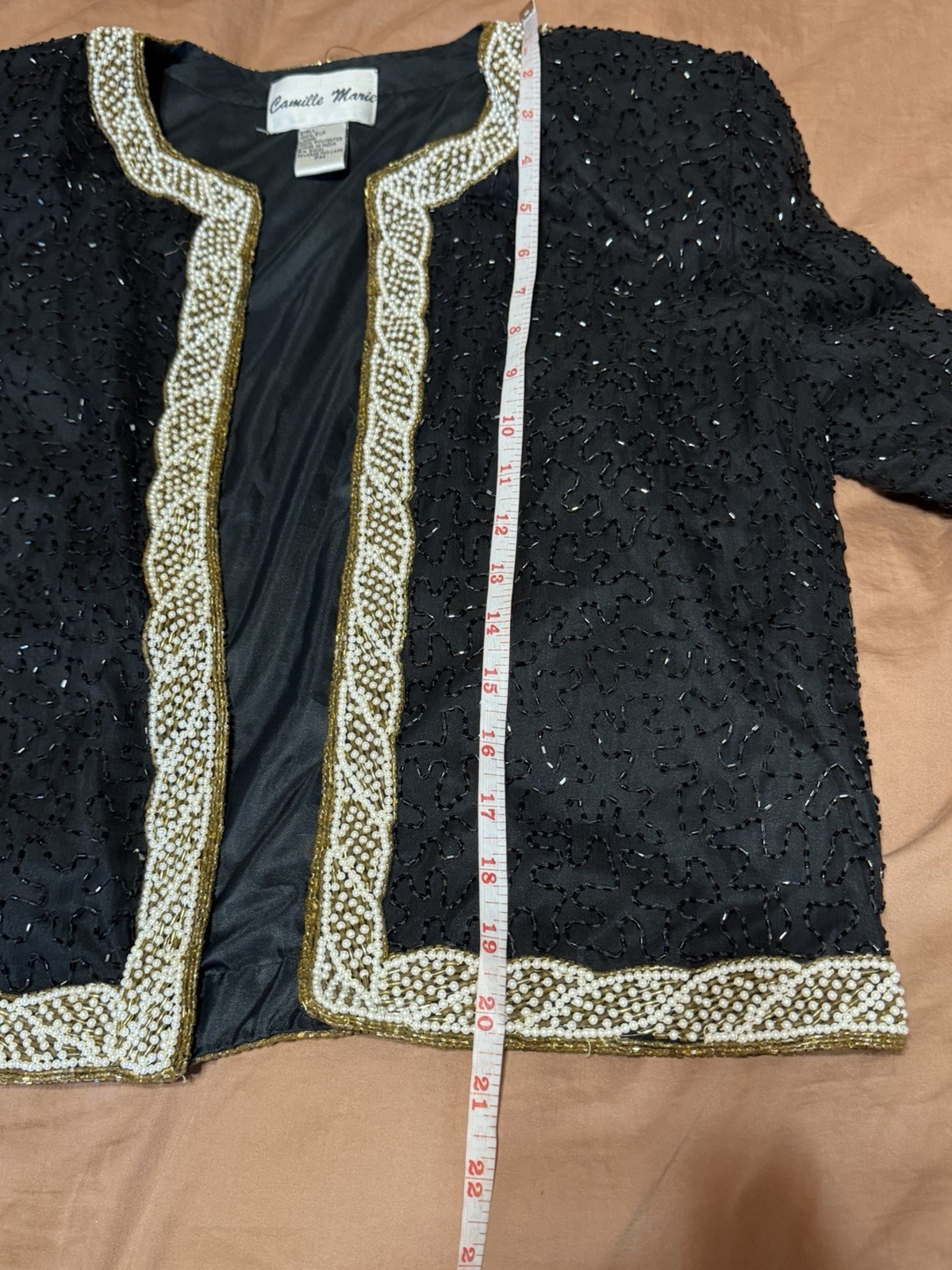 Vintage 80s Silk Beaded Jacket Black Gold Size PM