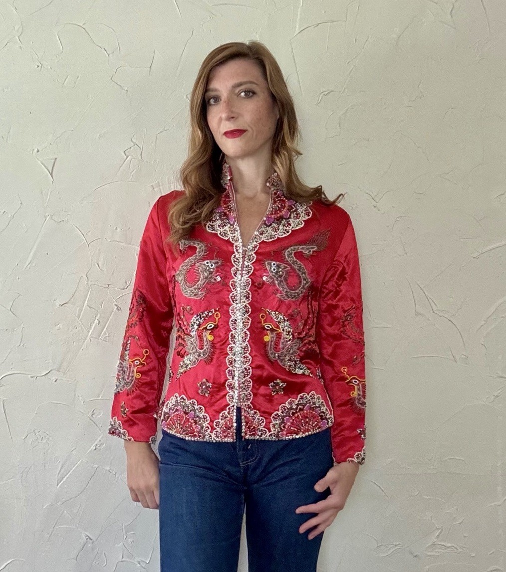VTG 1960s Red Satin Beaded Jacket Zip up Asian Influenced Dragon Phoenix Design