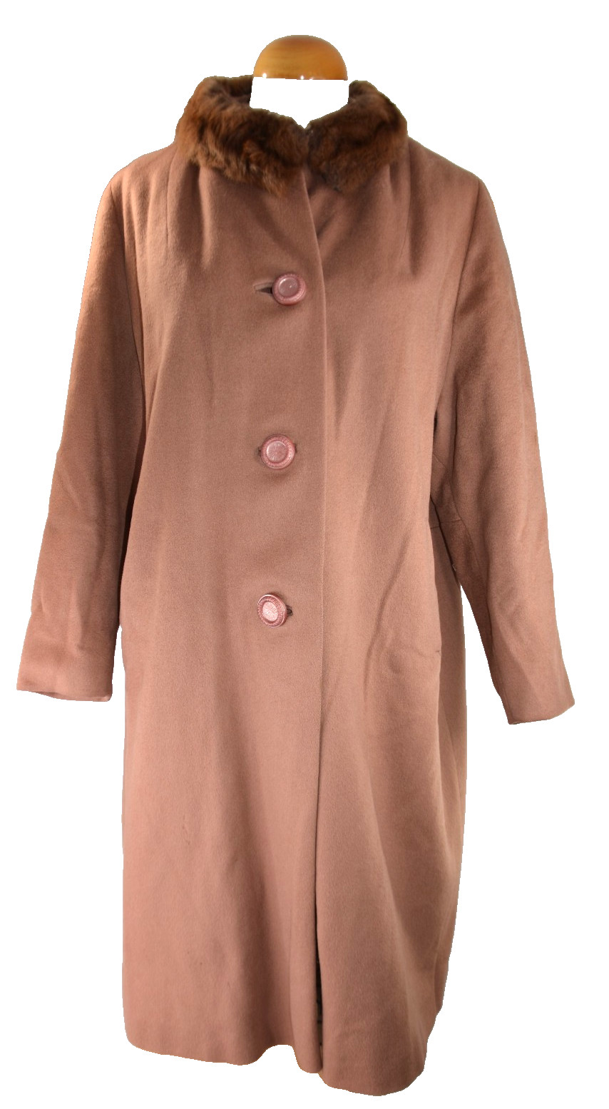 Swing Car Coat Mink Fur Collar Chocolate Brown Wool VTG MCM 50s 60s 46&Prime; chest L