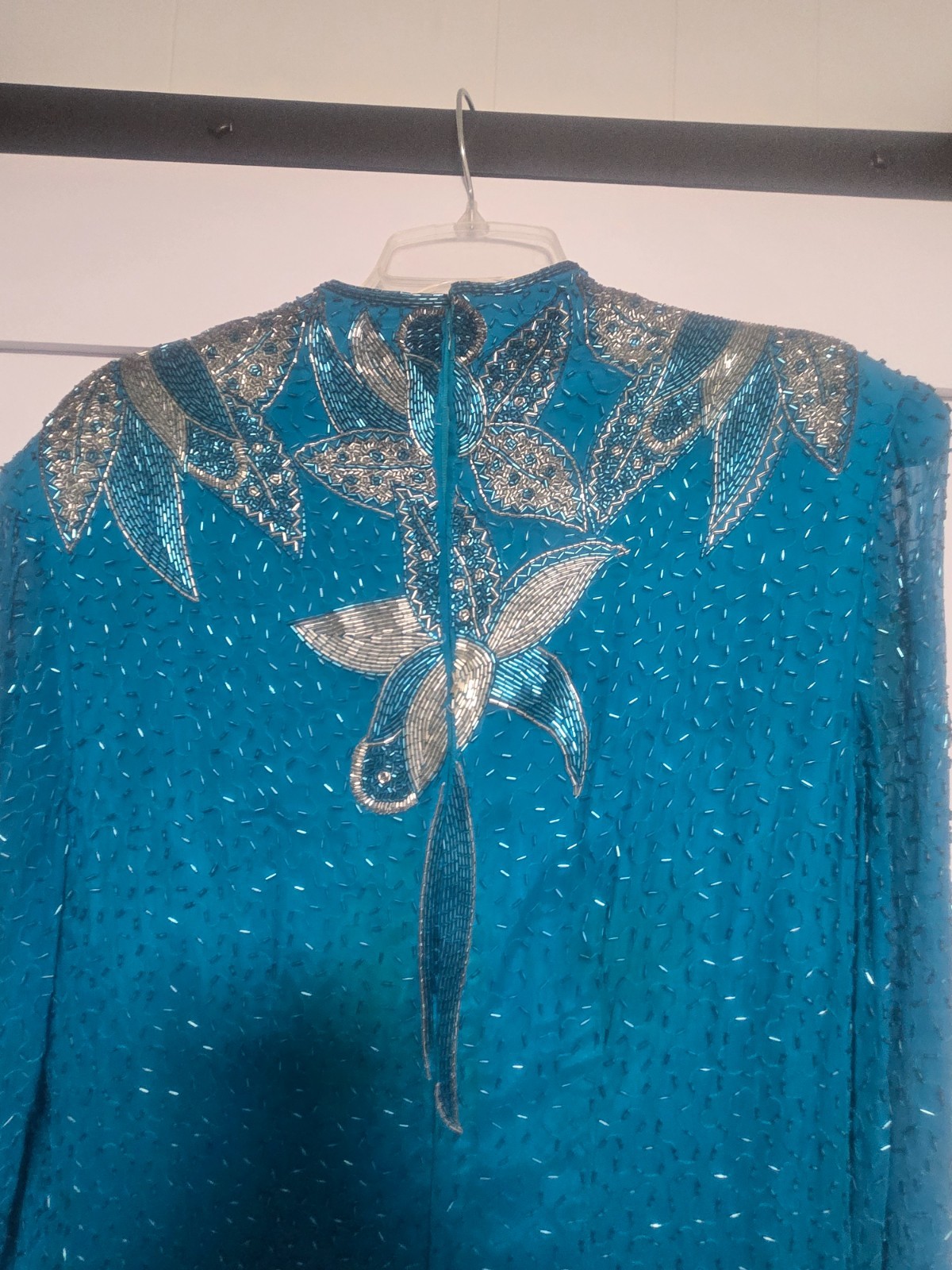 Vintage VINNIE Long Green, Teal, Silk Beaded Dress size XL