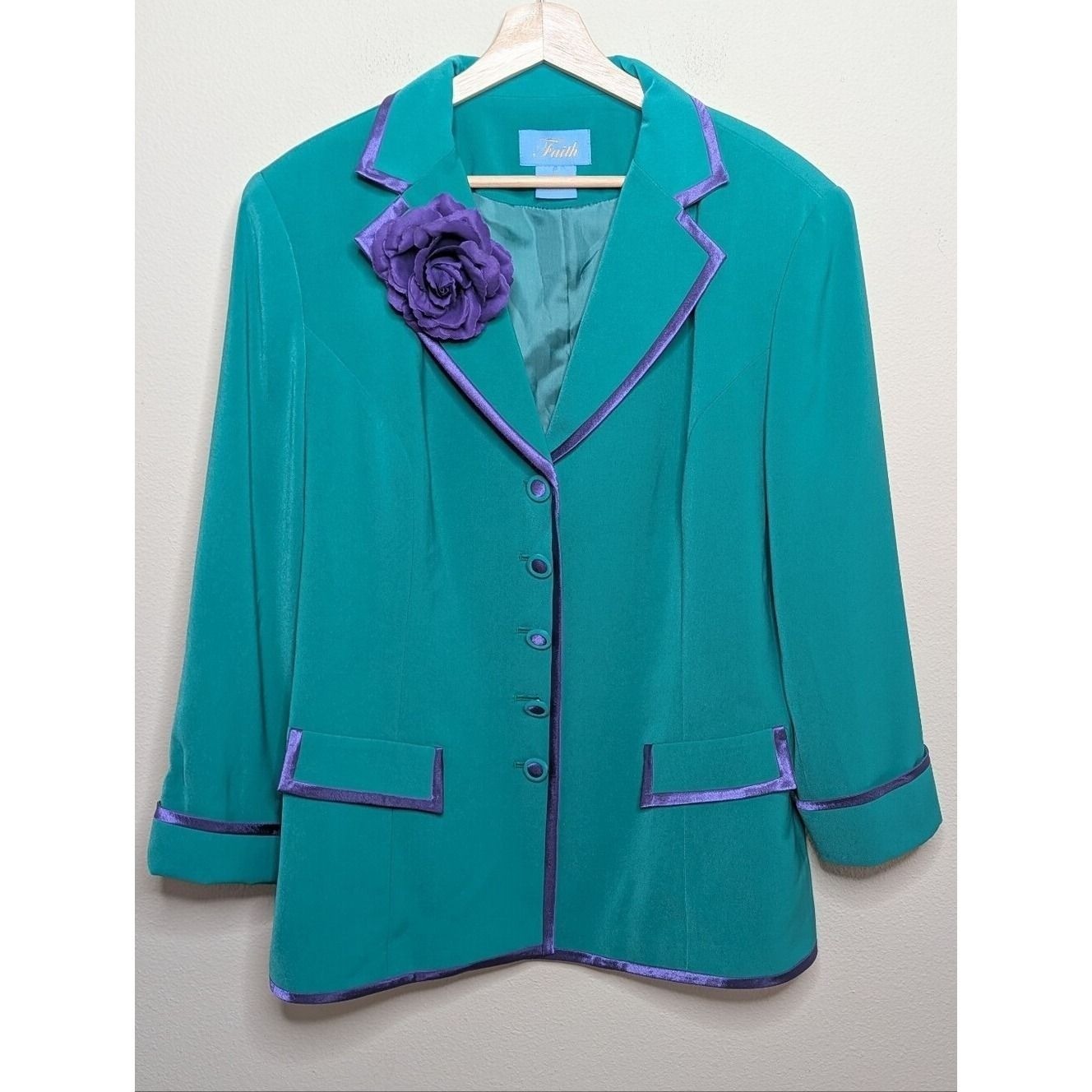 Faith Vintage Emerald Green Blazer Purple Velvet Trim Size 18 with Rose Pin