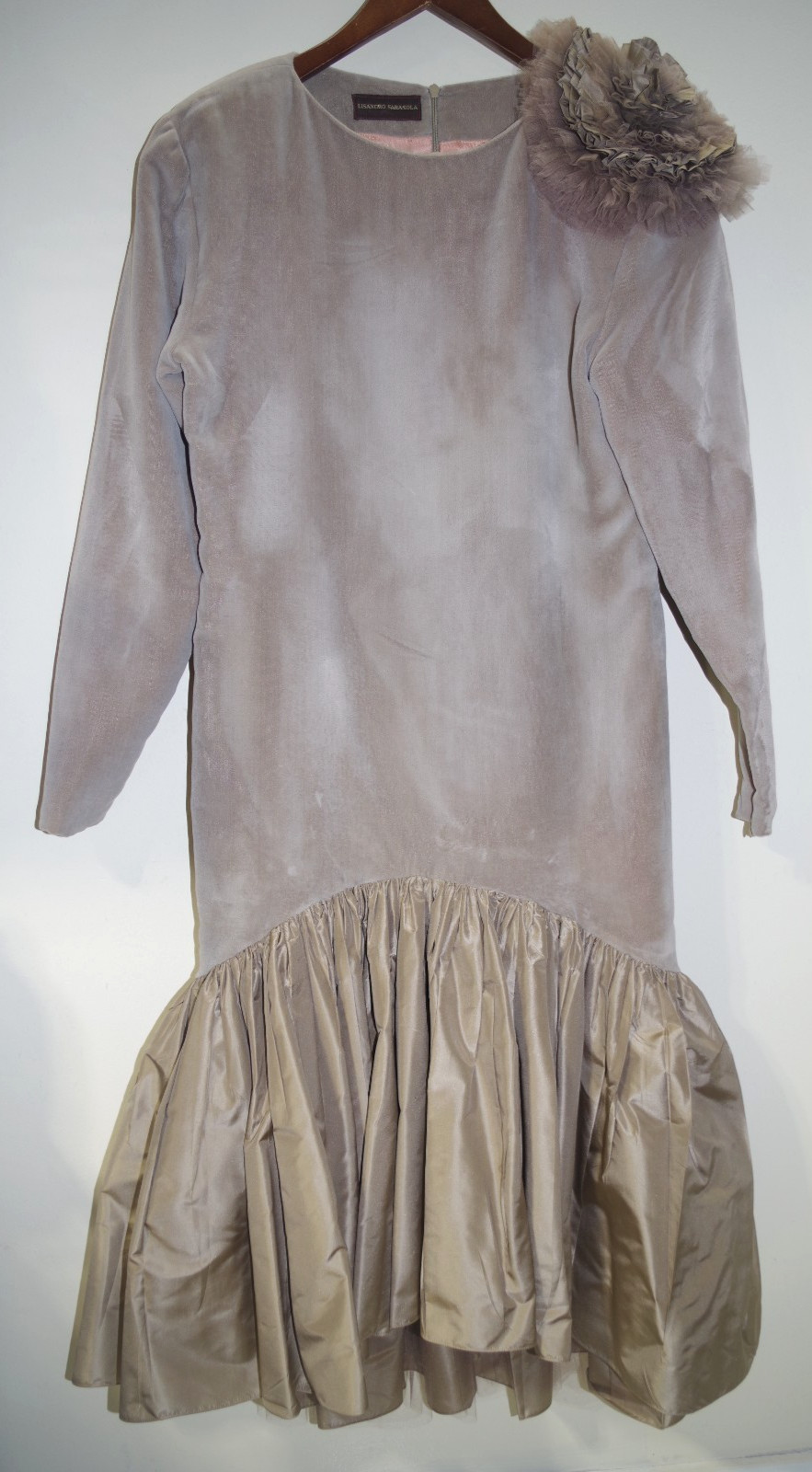 S2 Lisandro Sarasola Taupe Velvet & Silk Taffeta Puffy Party Dress XS/S Vintage