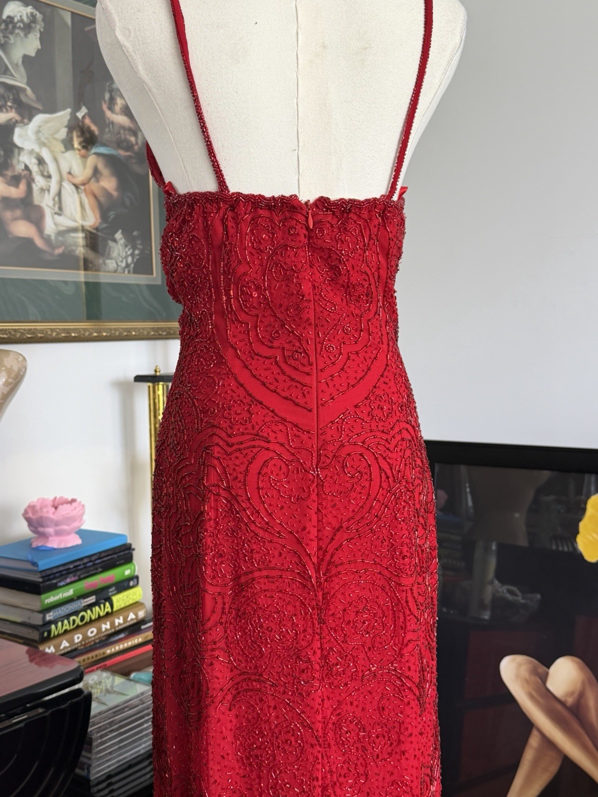 Vintage Cache Red Fully Beaded Evening Gown Deadstock NWT Size M