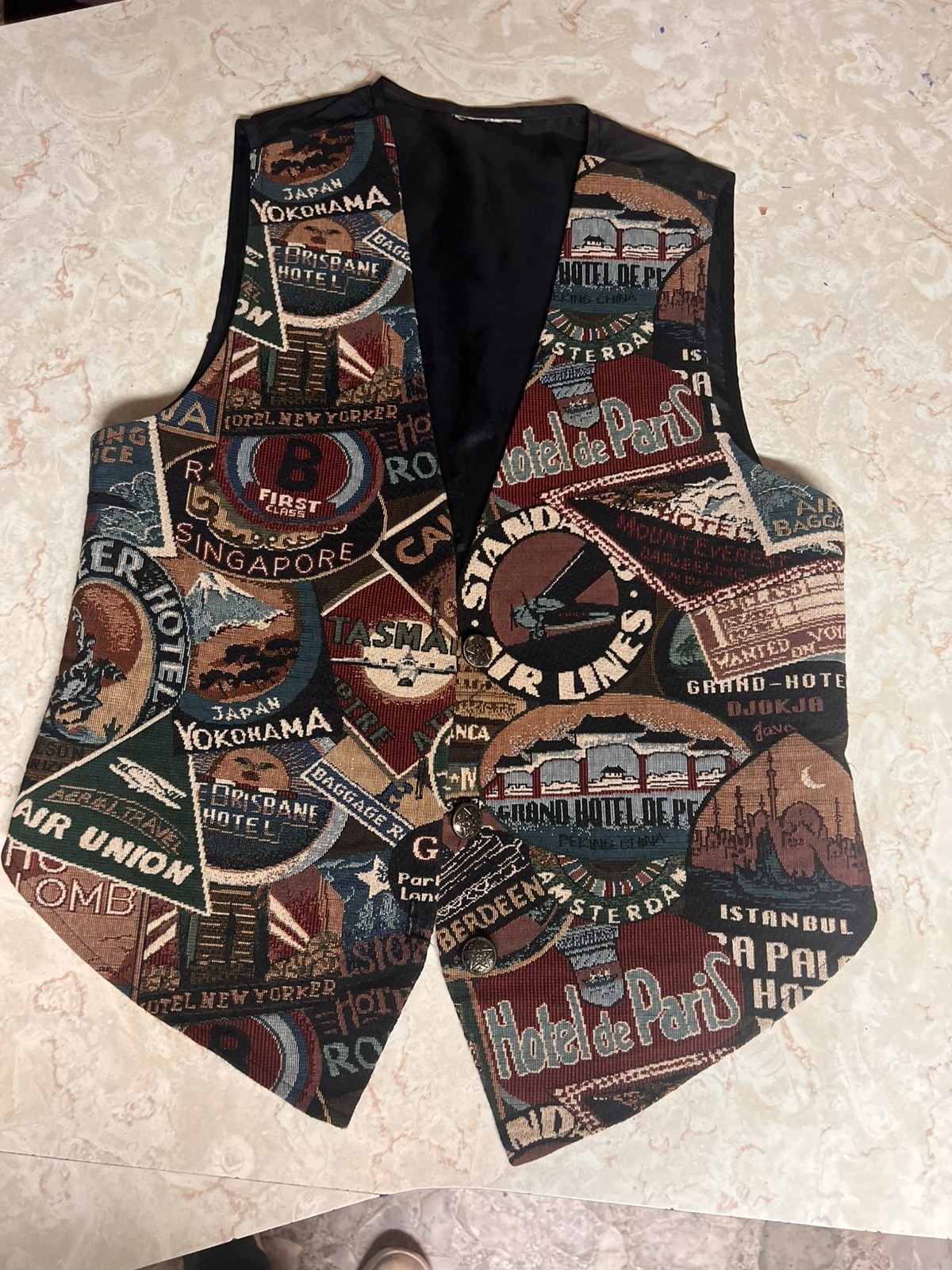 VTG denim republic Tapestry vest with buttons world travel famous hotels no tag