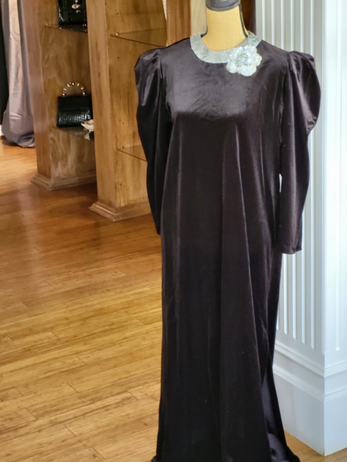 David Brown Vintage Black Velour Dress With Silver Sequined Neckline Medium