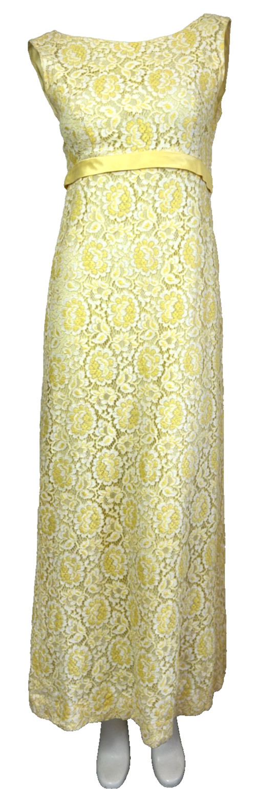 50s Lace Column Dress Size Small 4-6 Yellow Bow Backless Sleeveless Vintage VGUC