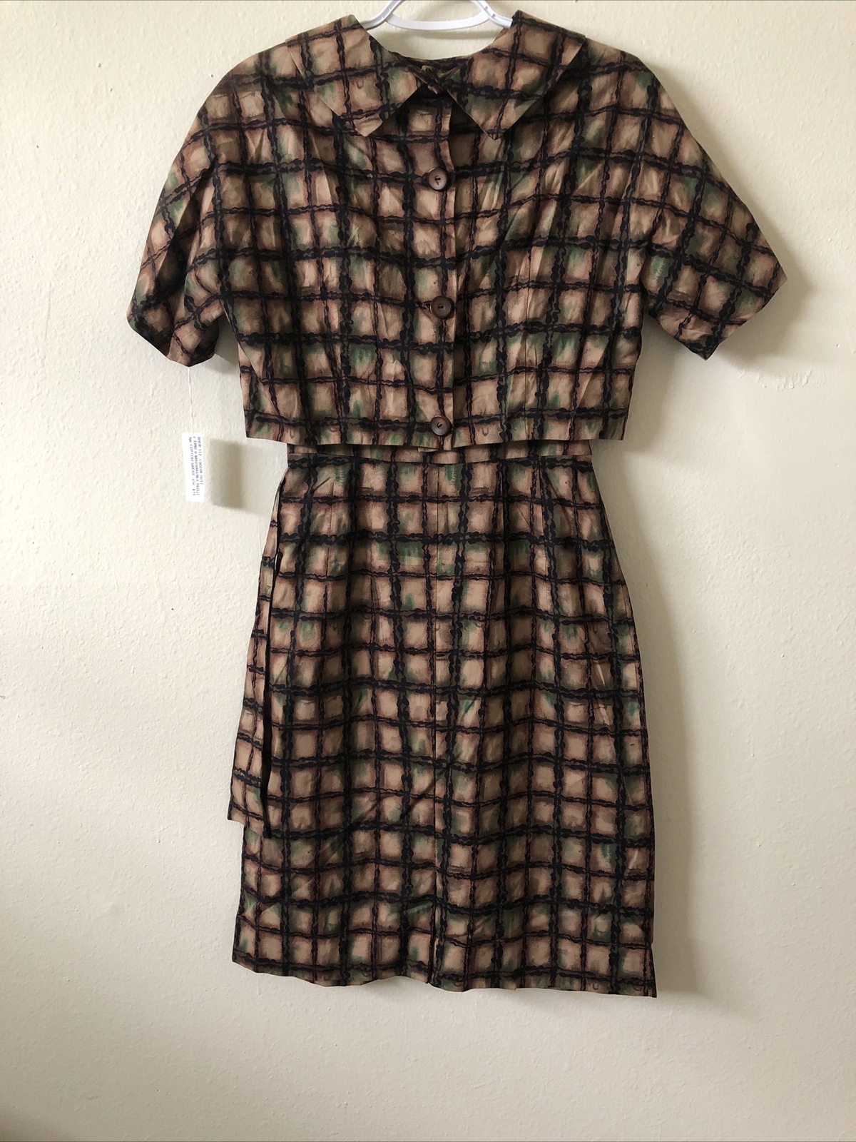 VTG 1950s 3pc Cotton Dress Set Brown Green Black Print Size S/M New Old Stock