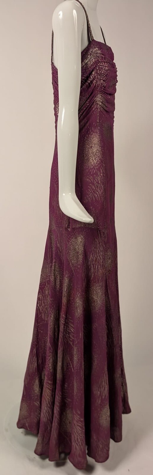 HOLLYWOOD GLAMOUR 1930’S METALLIC GOLD LAME BROCADE FUCHSIA LONG DRESS 