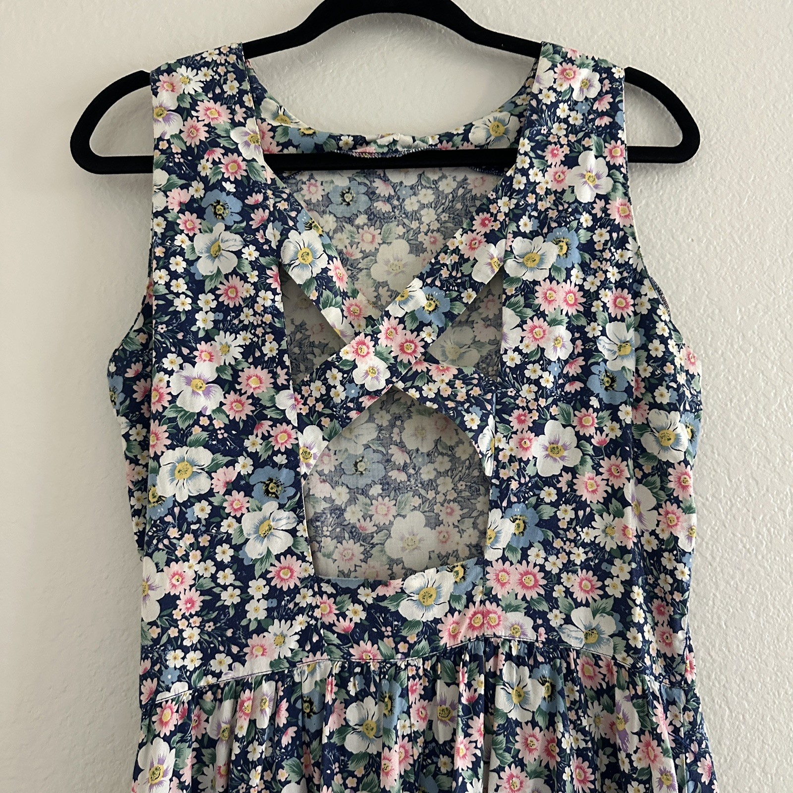 Vintage 80s Dress Large Sundress Floral Print Cotton Fit Flare Cottagecore