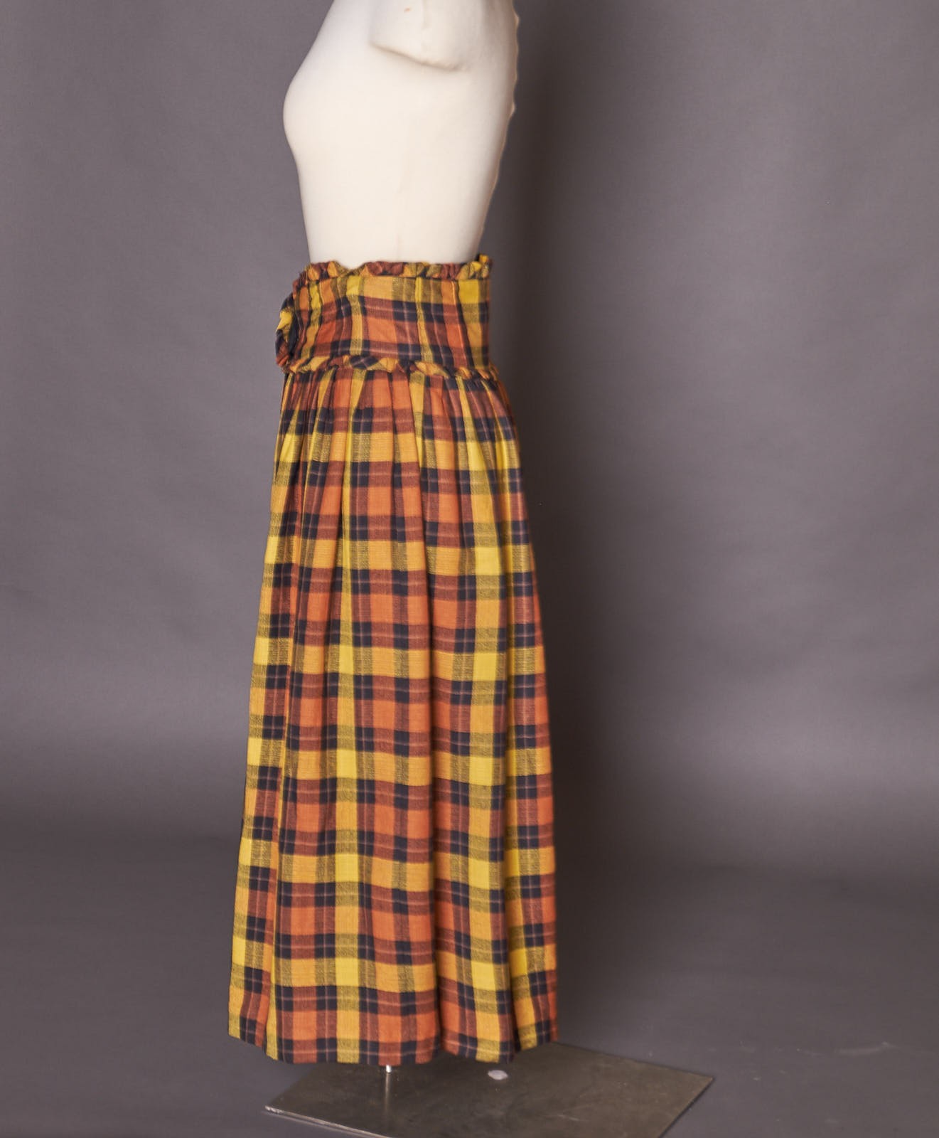 1980s Ruffle Waist Plaid Golden Button Up Skirt Long Retro