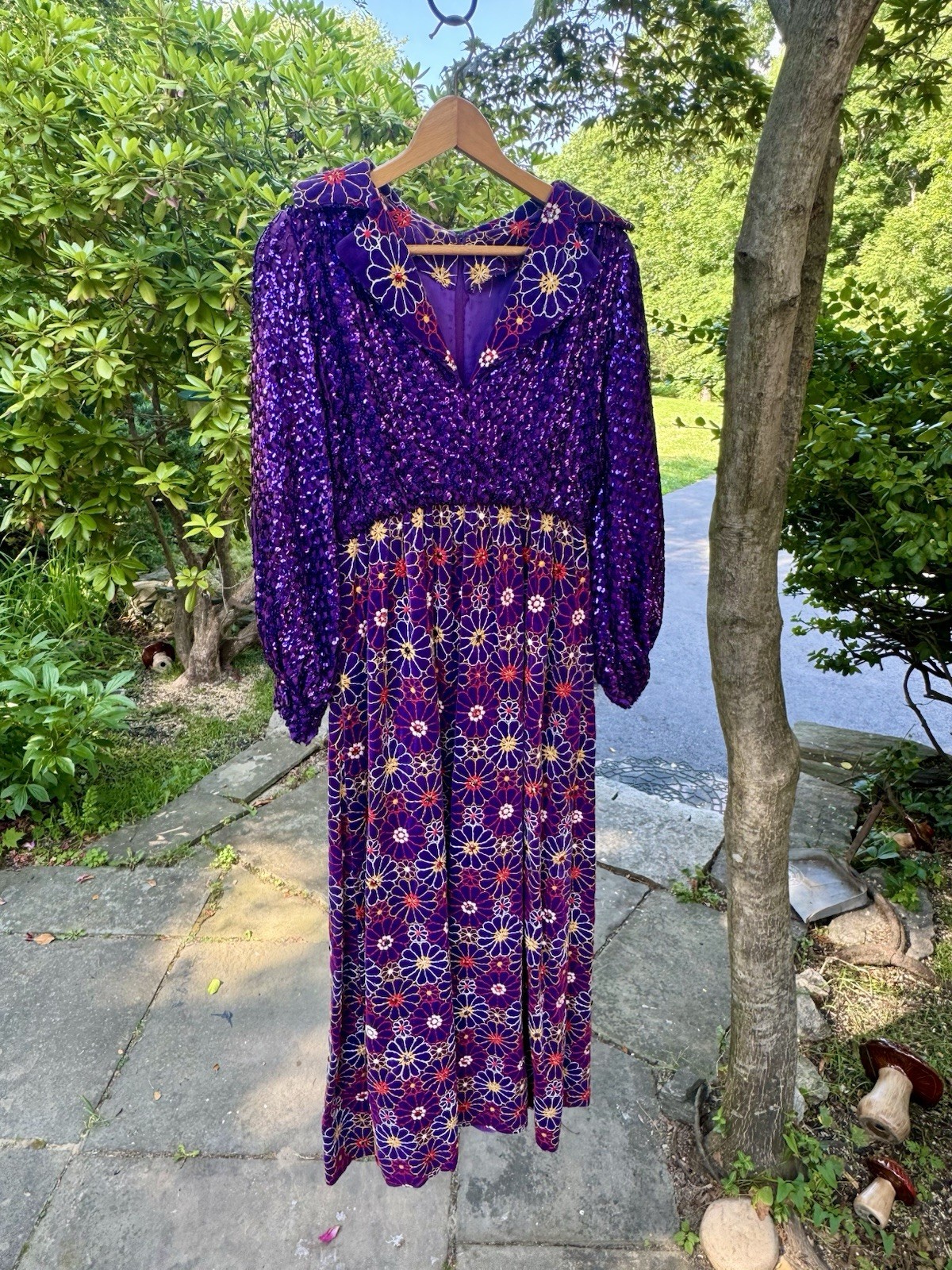 Oscar de la Renta Boutique 1960s Purple Sequin Maxi Dress Bohemian Size 10