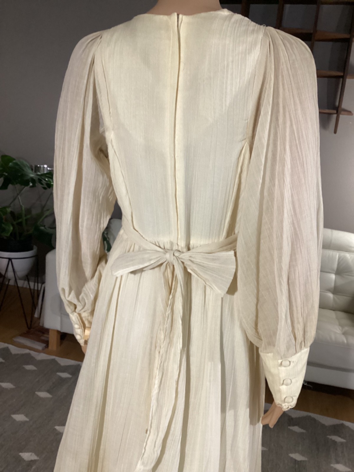Vintage 1970&rsquo;s Creamy Ivory Gauze Boho Hippie Prairie Maxi Dress Lace Sz 12