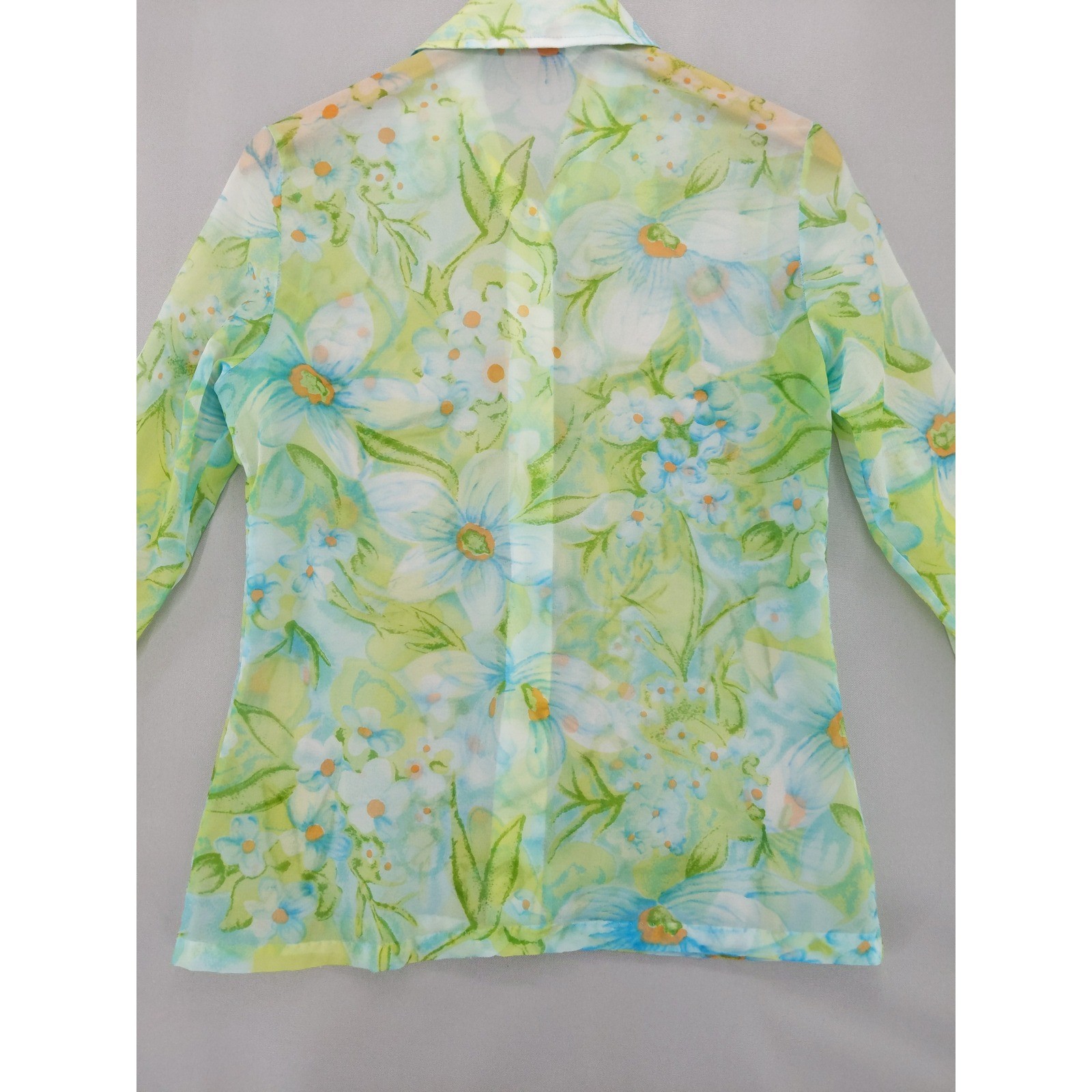 Vintage 70s Two East Button Down Blouse Womens 11/12 Green Blue Floral Sheer