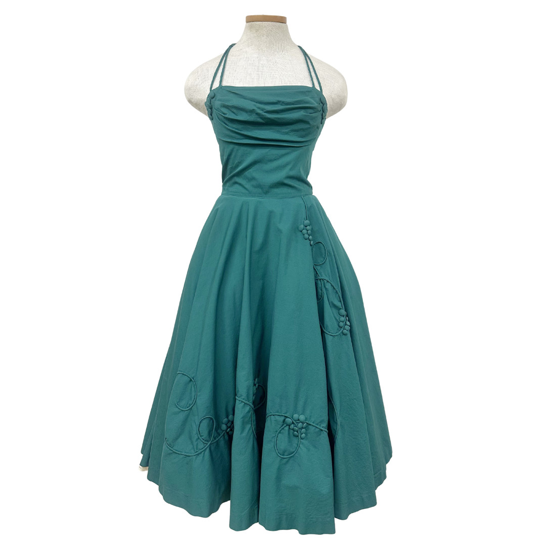 Vintage 1950s Noveltly Green Grape Button Fit n Flare Dress