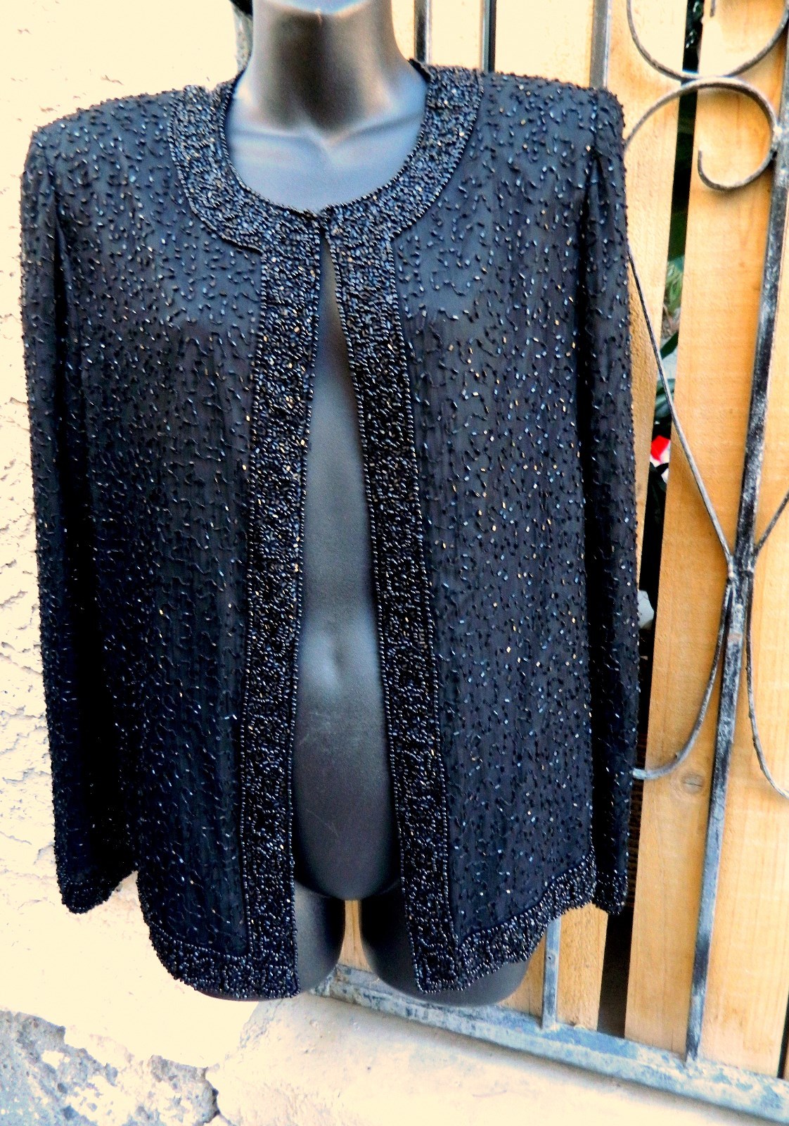 LAURENCE KAZAR BEADED SEQUINED JACKET BLACK SZ L VINTAGE 7 HOOK CLOSURE