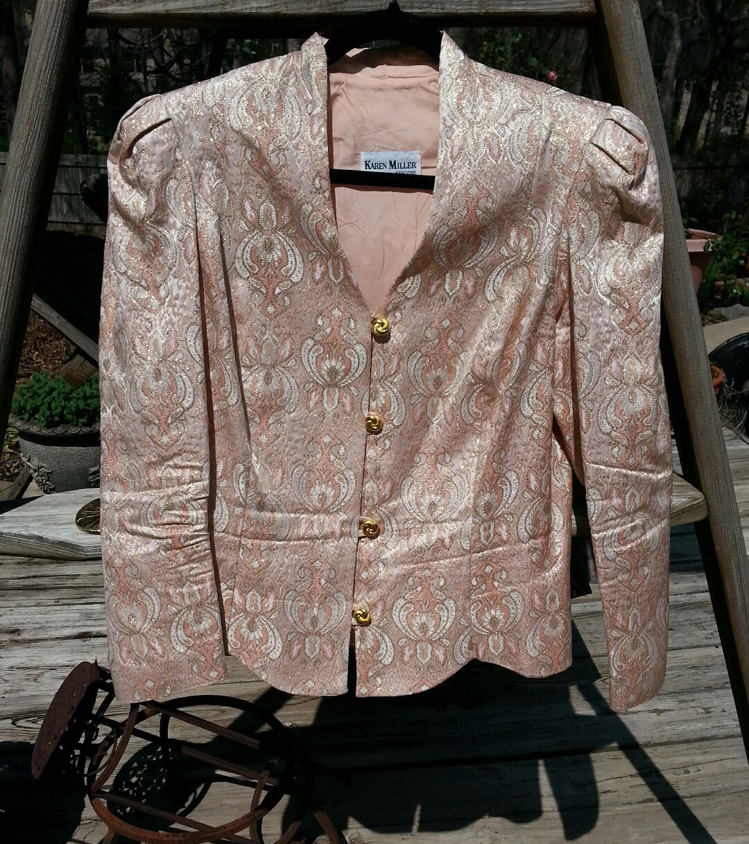 Vintage KAREN MILLER NEW YORK Peach Ivory Metallic Lined Jacket Size 13/14