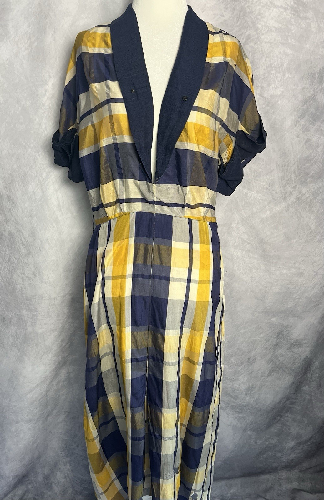 Vintage 1930s-40s Silk Blue Yellow Plaid Shirtwaist Midi Dress Size M/L