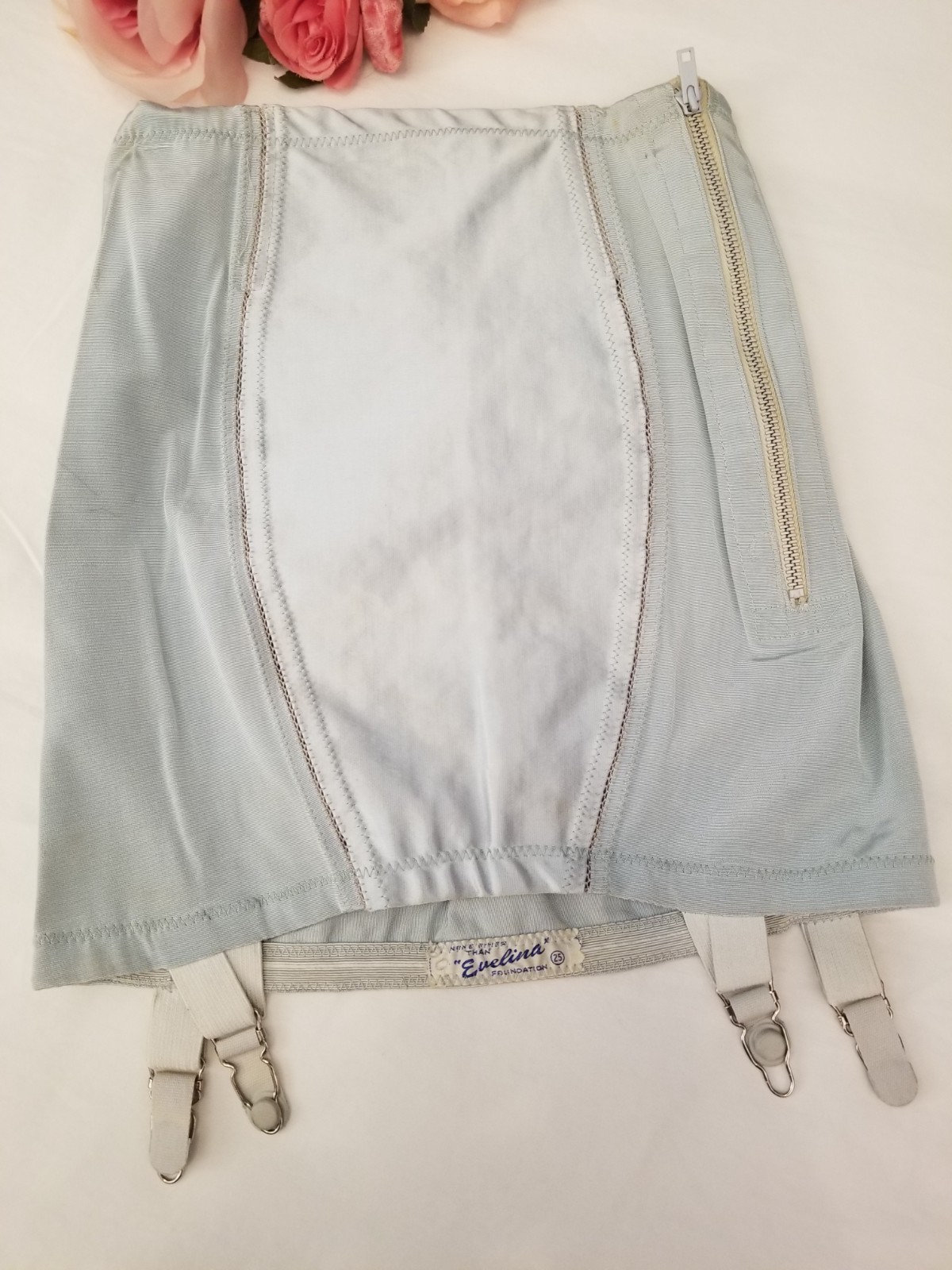 Rare Vintage 1930s Evelina Powder Blue Satin Corset Girdle Open Bottom w/Garters