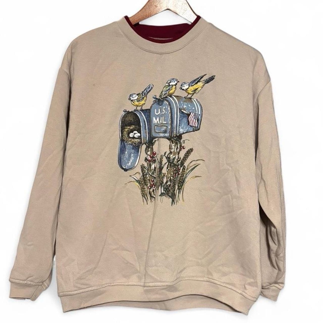 Vintage Granny Sweater M Birds US Mail Kitschy 90s Retro Beige Collar Grandma