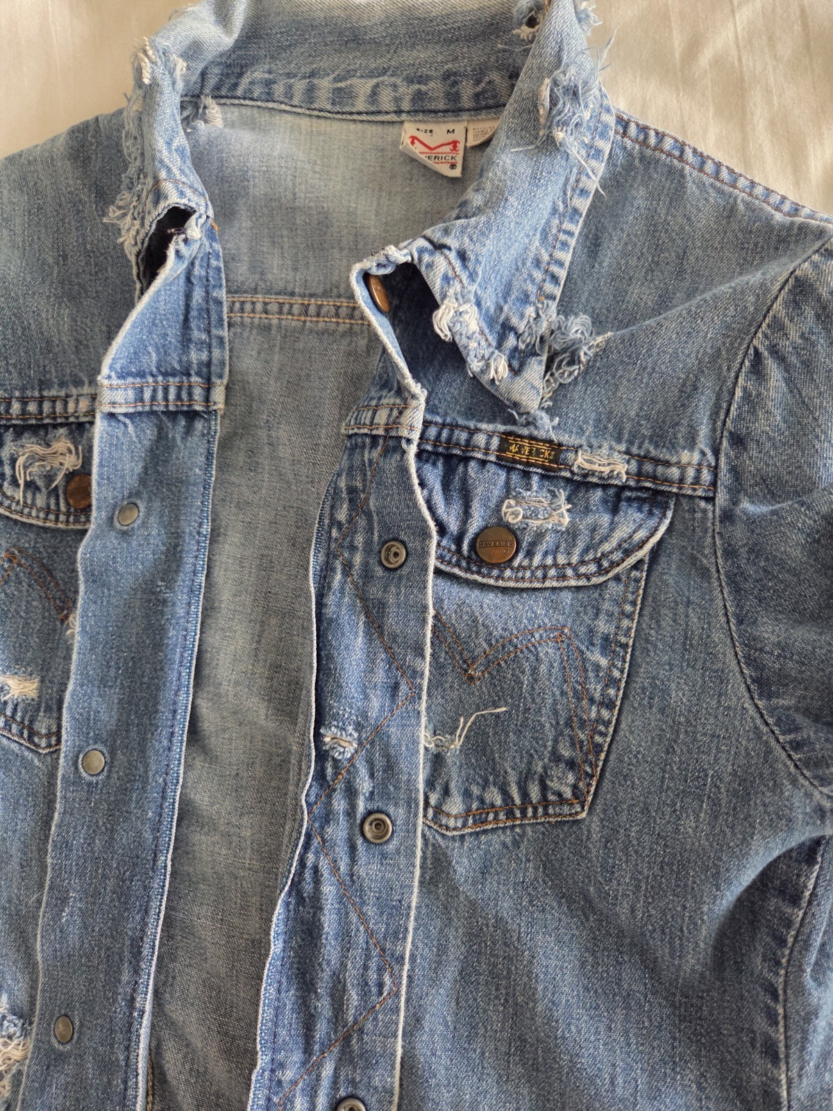 Vintage Maverick White Label Distressed Denim Jacket Medium Y2K
