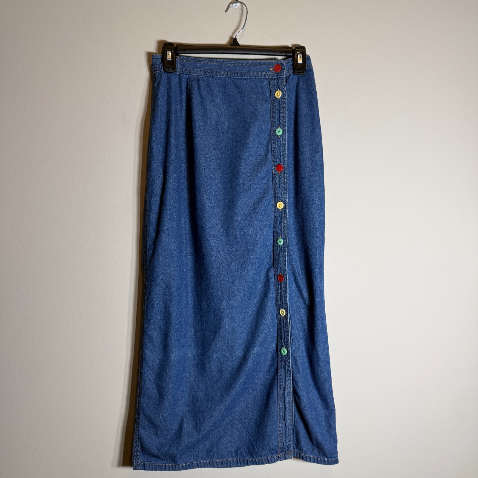Vintage 100% Cotton Denim Button Up Maxi Skirt Women&rsquo;s 8 Colorful Twee Artsy 90s