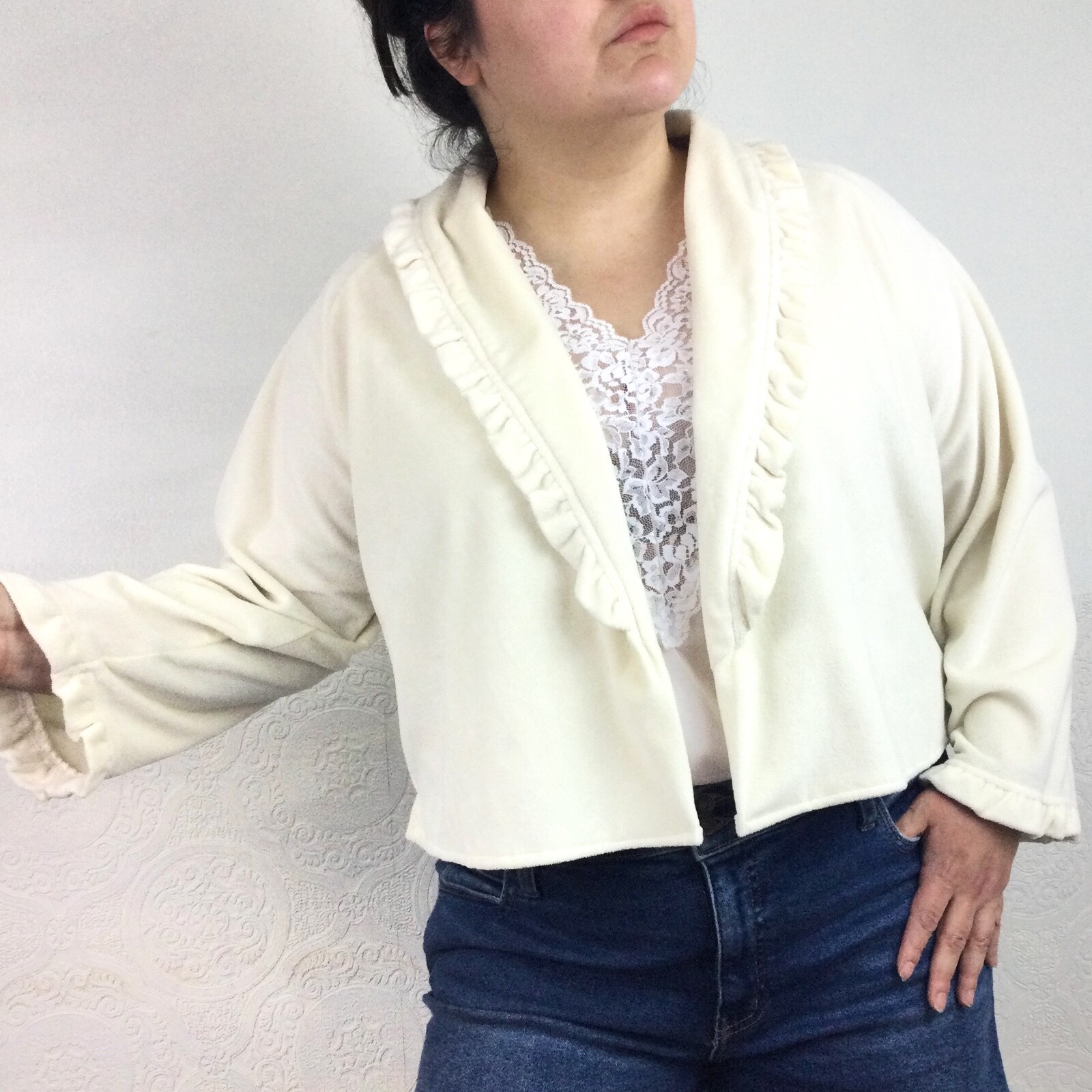 Upcycled vintage fleece cropped jacket womens xl ruffled trim cream color