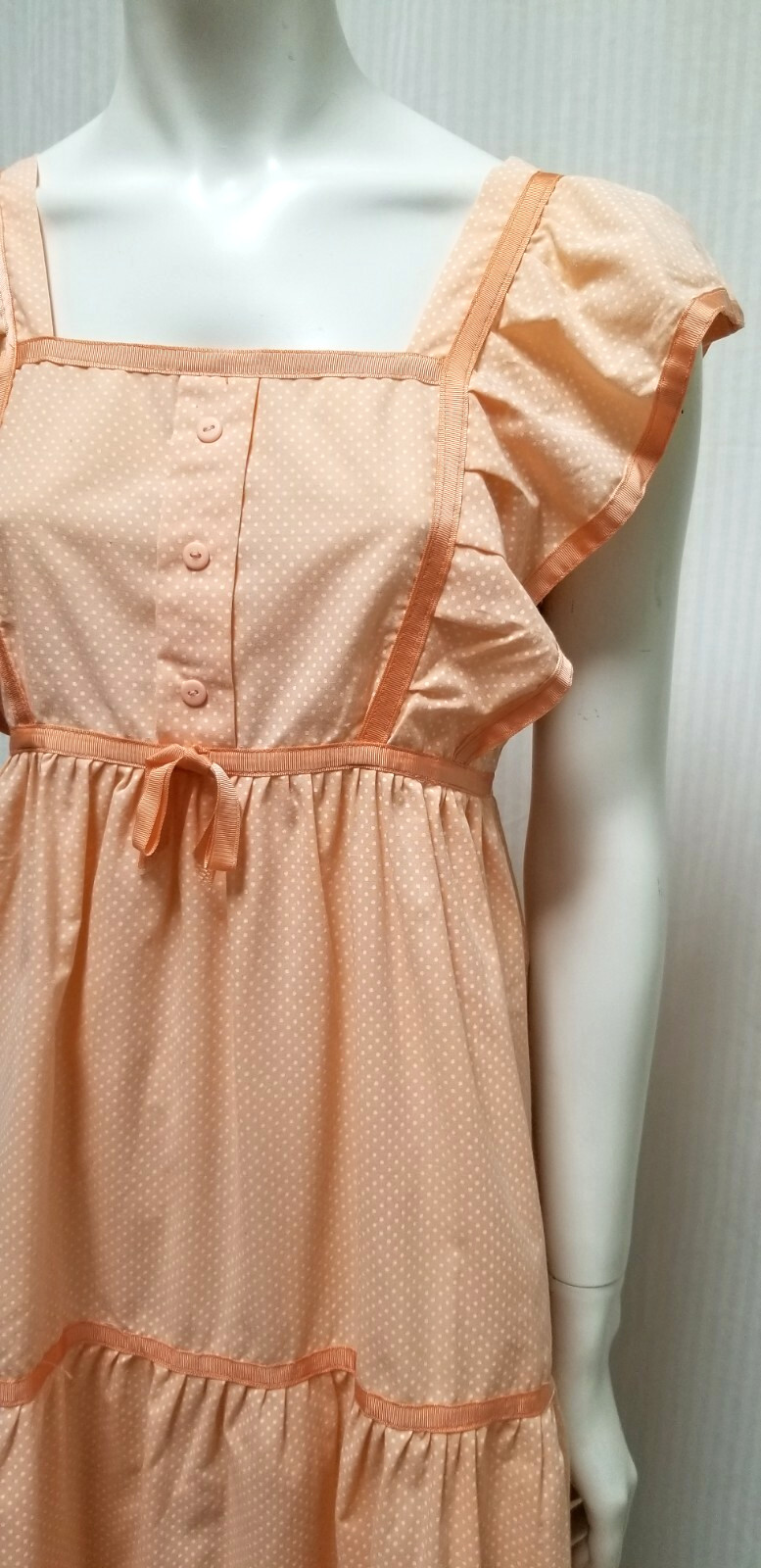 Vintage Peach & White Polka Dot Empire Waist Dress – Size S – EUC