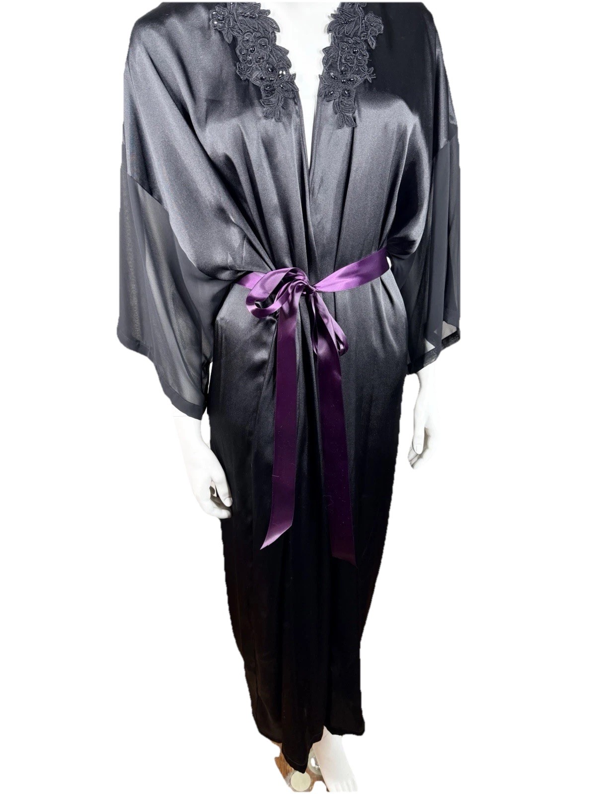 VTG beaded Expressions California Dynasty XL Kimono Style Robe Goth Black Satin