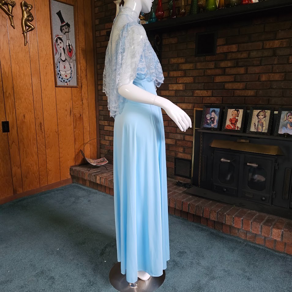 Vtg 70s Victorian Revival High Lace Neck Powder Blue Capelet Maxi Gown Dress S/M