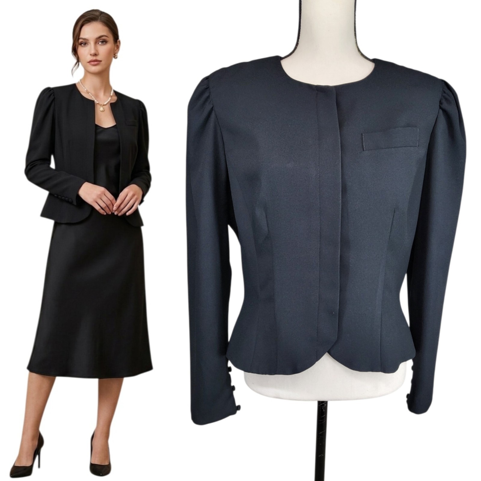 Adrianna Papell Vintage Black Blazer Jacket Puff Sleeve Rayon Formal Crop Sz 12