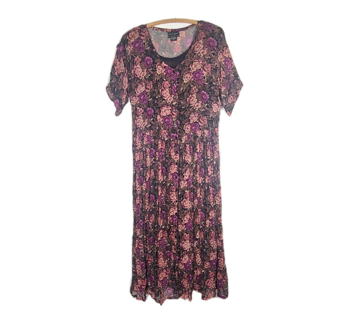 Vtg 90s Black Rose Floral Dress Nostalgia L Rayon Crinkle Crepe Goth Craft Boho