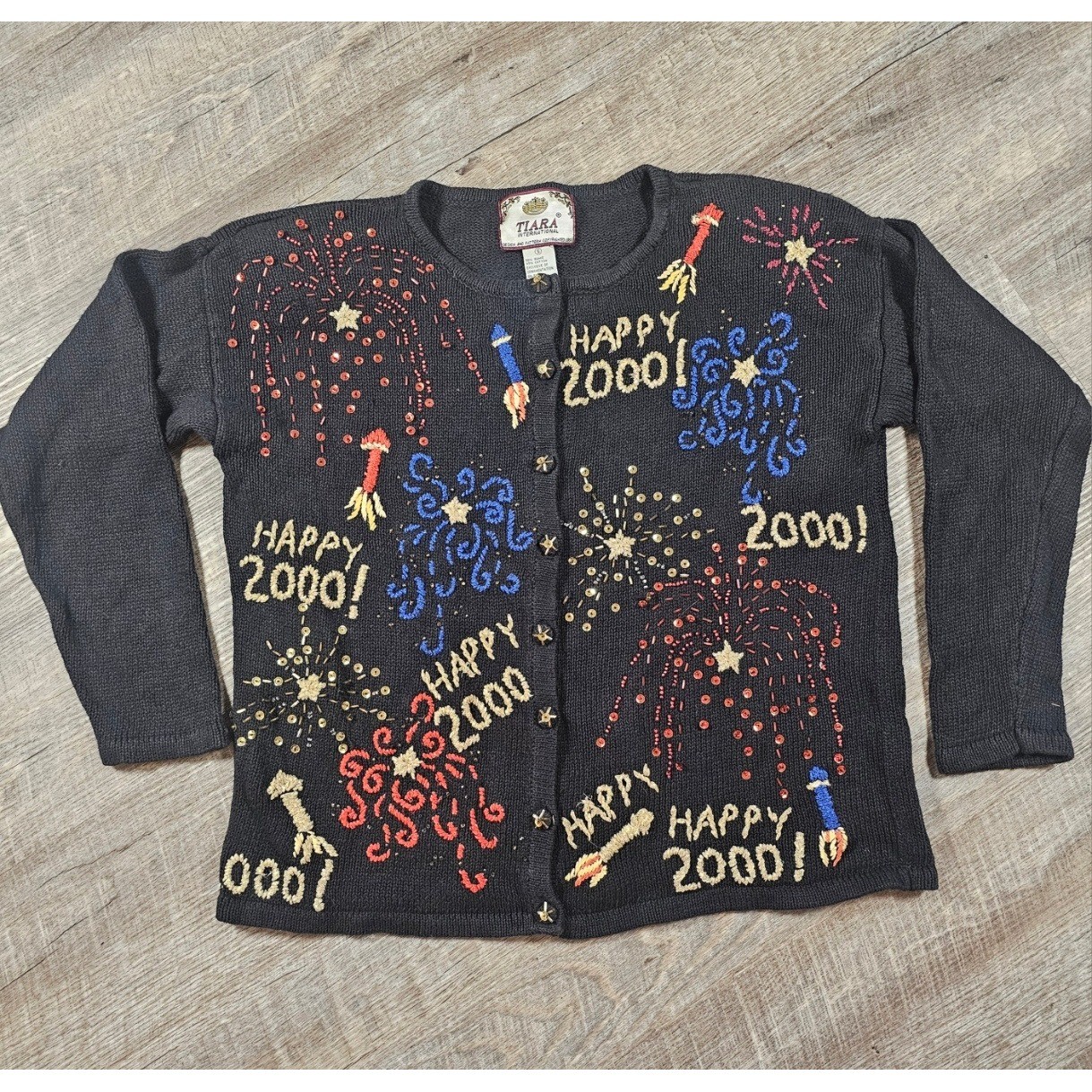 Vintage Y2K Happy 2000 Millennium Fireworks Cardigan Sweater Beaded Sequin Party