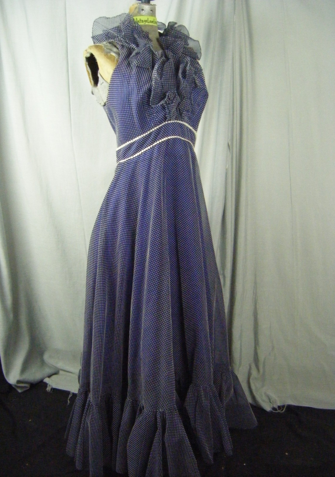 MIKE BENETT FORMALS Vtg 70s Navy Felt Dots Ruffle Halter Dress-Bust 34/XS