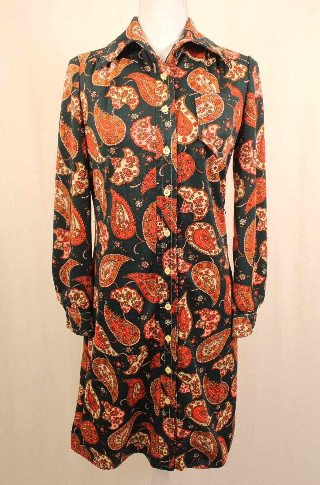 VTG Women&rsquo;s 60s 70s Forest Green & Orange Paisley Shirt Dress S/M 1960s 1970s